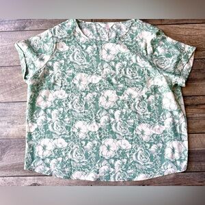 Lauren Conrad Womens XXL Top Green White Floral Short Sleeve Pocket Casual